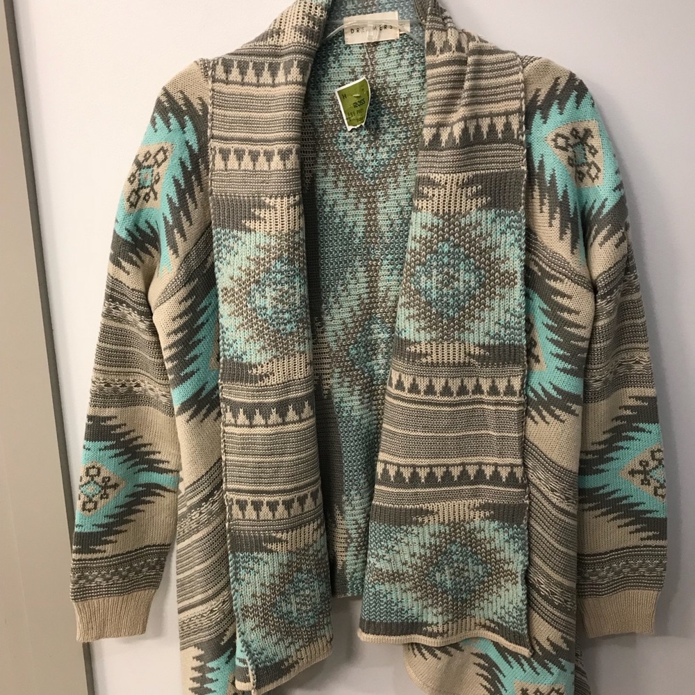 Tan and turquoise ruffle cardigan
